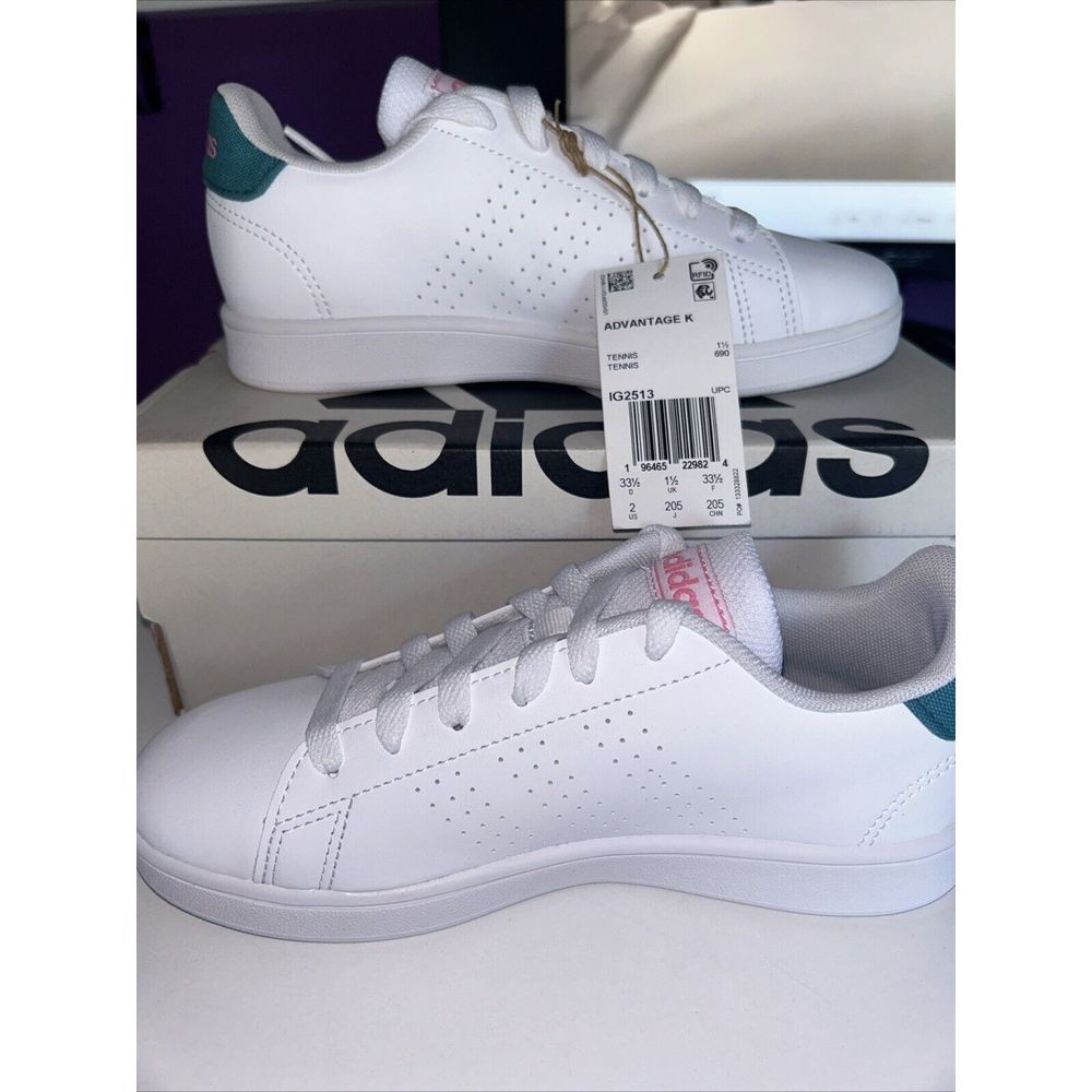 NWOB Adidas Advantage Tennis Shoes Size 2 In Kids Color White With Teal